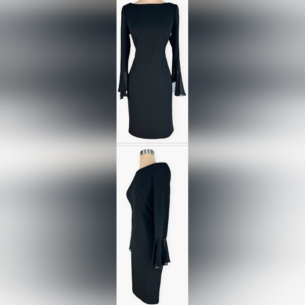164. Calvin Klein Red Cocktail Sheath Dress Chiffon Bell Sleeves